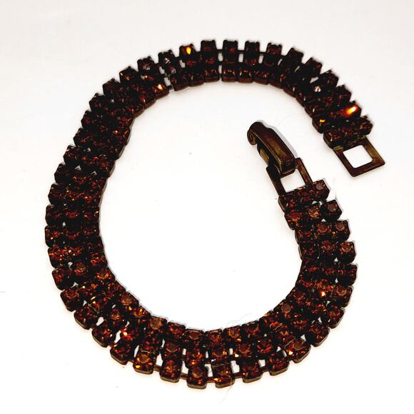 Vintage Topaz Rhinestone 6 3/4 Inch Bronze Tone Bracelet - Picture 7 of 8